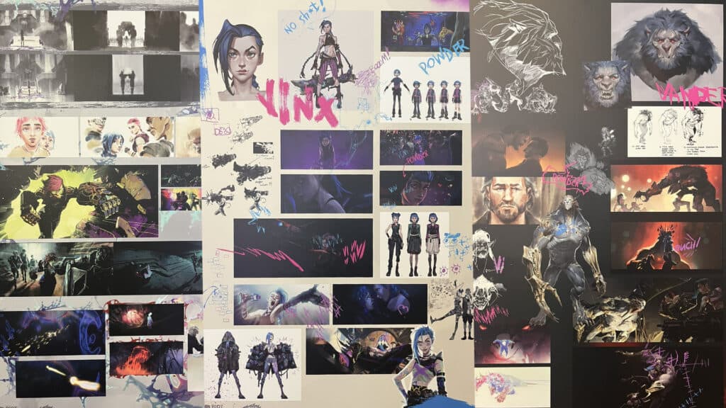 Pictures of the Arcane exposition (Collage by esports.gg via @<a href="https://x.com/lu_sandmaster">lu_sandmaster</a>'s pictures on X)