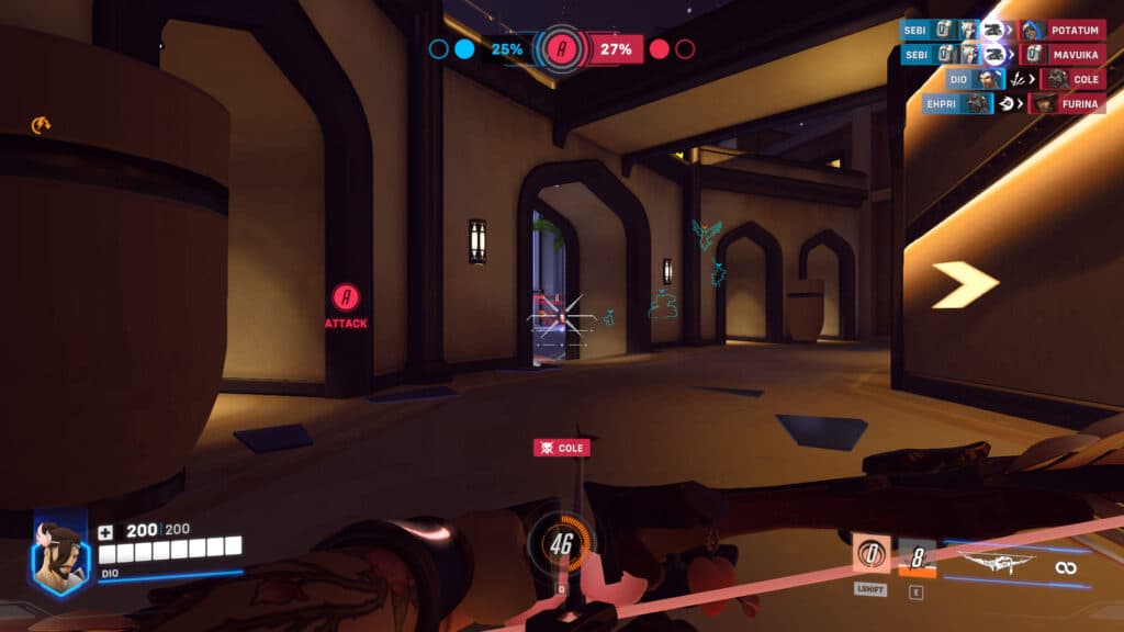 Screenshot of Hanzo's Scatter Arrow hitting its mark in Overwatch Classic (Image via esports.gg)