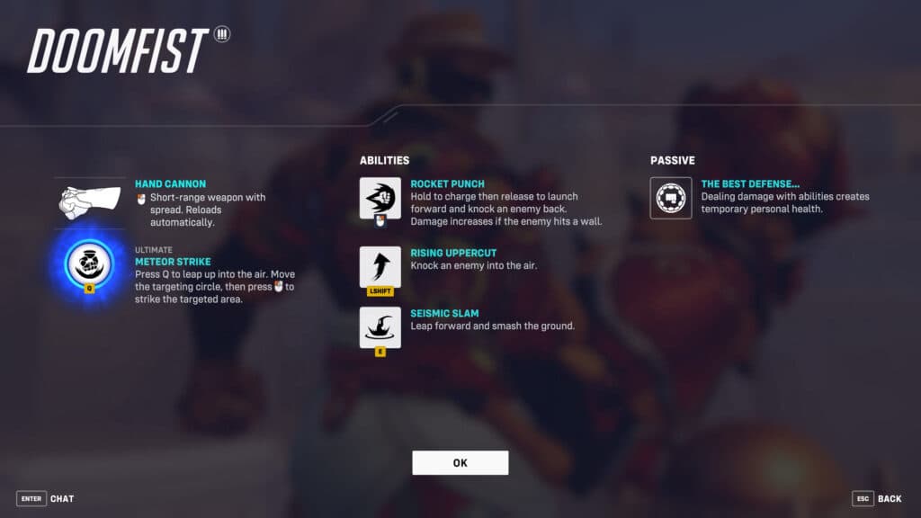 Screenshot of Doomfist's kit in Overwatch Classic (Image via esports.gg)