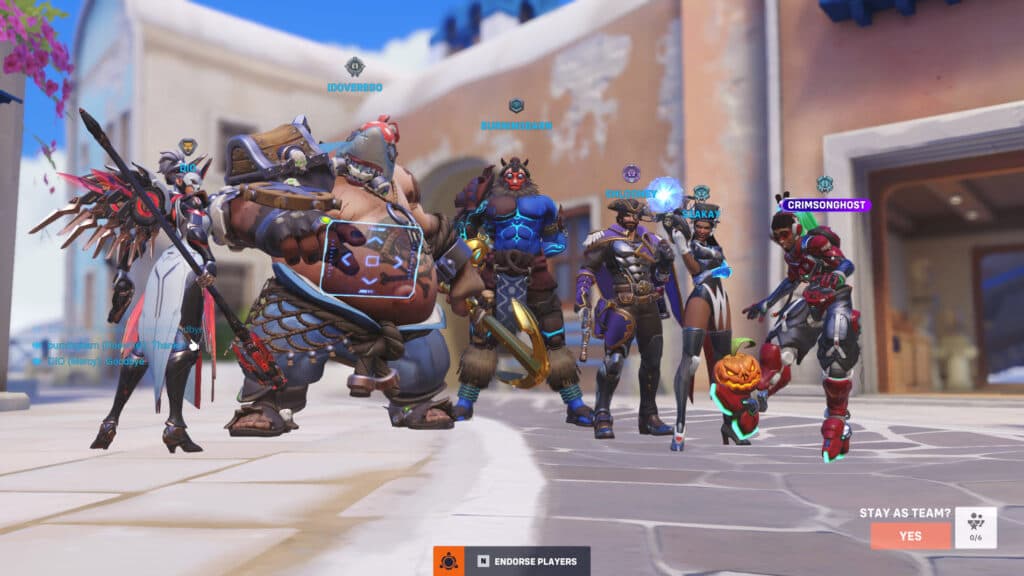 Screenshot of Mercy, Roadhog, Doomfist, Cassidy, Symmetra, and Lucio in the Overwatch Classic Moth Meta game mode (Image via esports.gg)