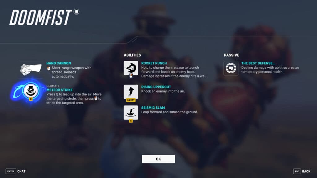 Screenshot of Doomfist's Overwatch Classic abilities, ultimate, passive, and more (Image via esports.gg)