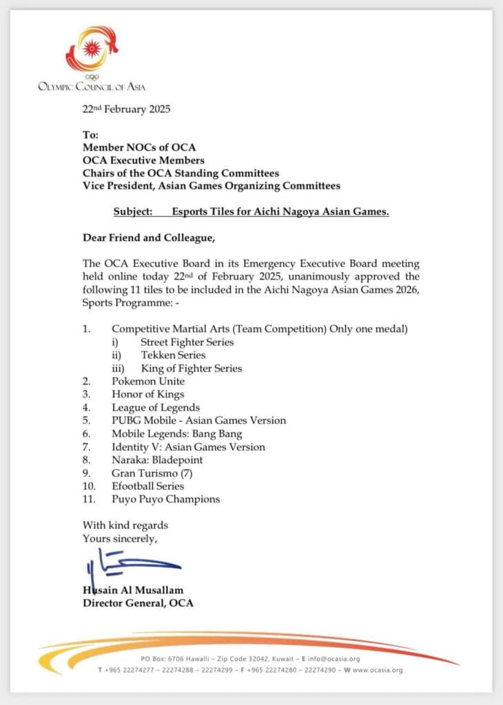 List of esports titles for the 20th Asian Games Aichi-Nagoya 2026, as confirmed by OCA (Image via OCA)