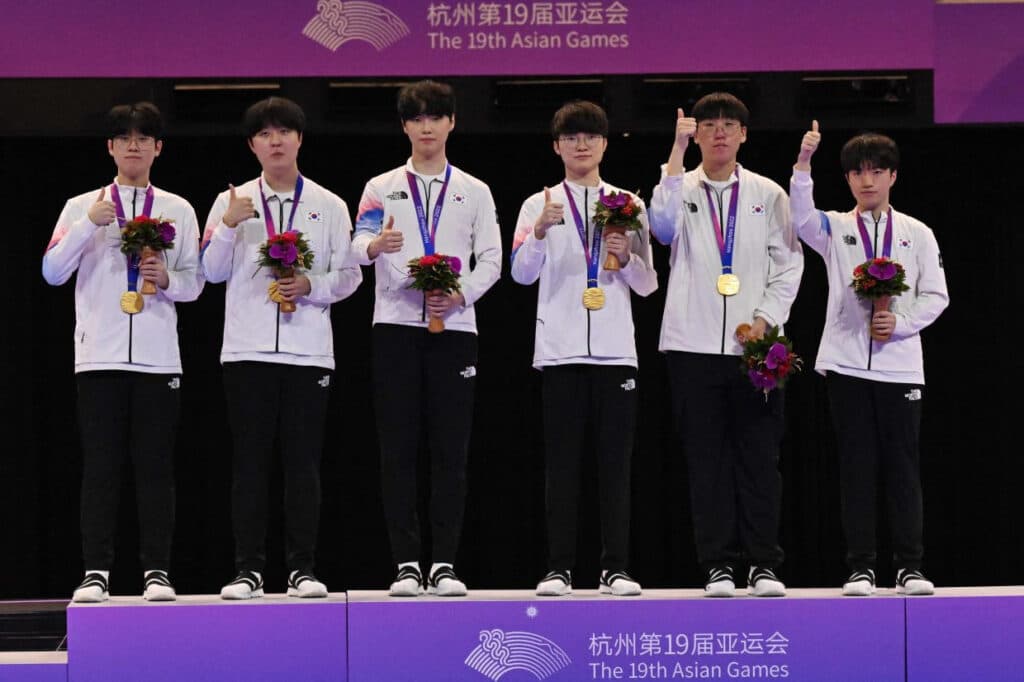 South Korea's 2023 Asian Games winning roster: Zeus, Kanavi, Chovy, Faker, Ruler, and Keria (Image via AFP)