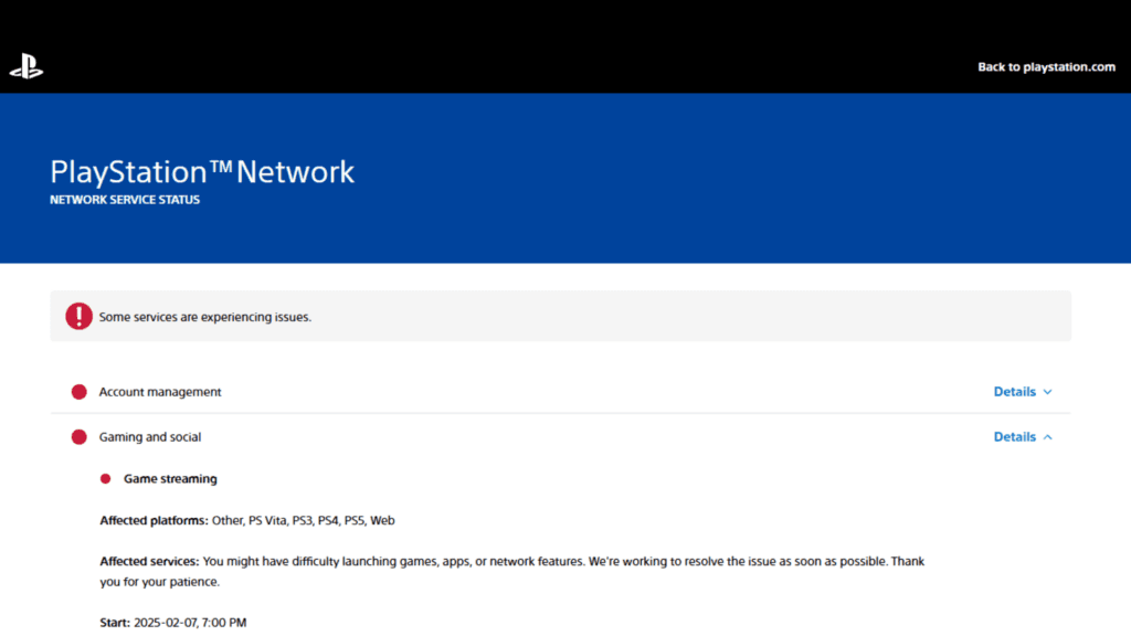 Screenshot indicating that there's a PlayStation Network error (Image via esports.gg)