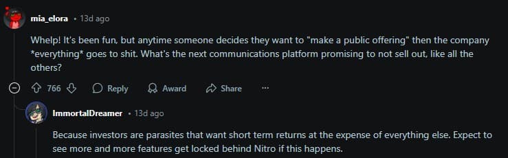 Reddit users against Discord going public (Image via <a href="https://www.reddit.com/r/discordapp/comments/1j4g47g/nytimes_discord_in_early_talks_with_bankers_for/" target="_blank" rel="noreferrer noopener">Reddit</a>)