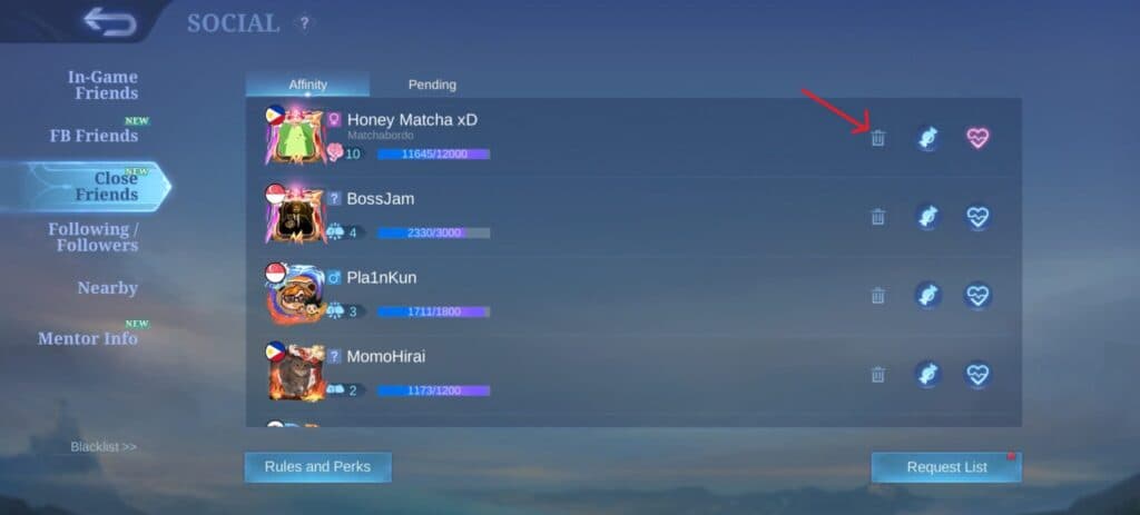 Tap on the Trash Can icon to remove Affinity in ML. (Screenshot via esports.gg)
