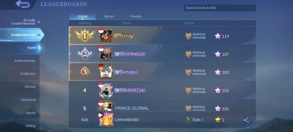 The ranked leaderboard in Mobile Legends. (Screenshot via esports.gg)