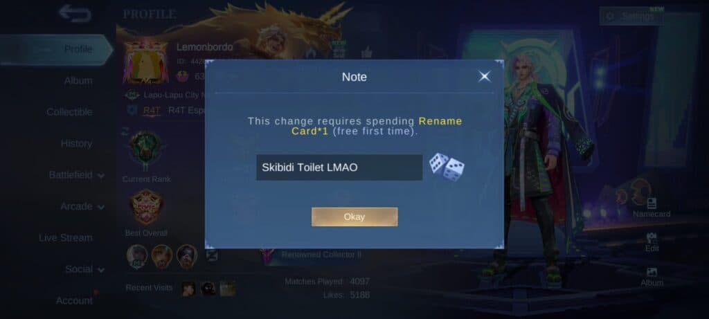Type the name you want in MLBB and press the Okay button. (Image via esports.gg)