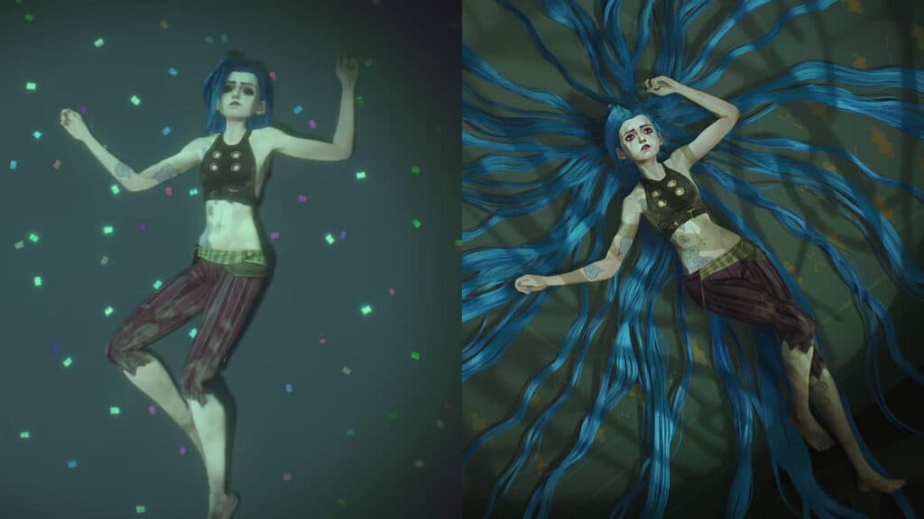 Jinx in the music video [L] and in Arcane S02E09 (Images via Riot Games, Netflix, edit by esports.gg)