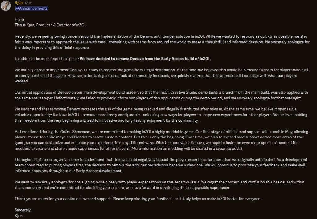 Kjun's message on inZOI's official Discord (Screenshot by esports.gg)