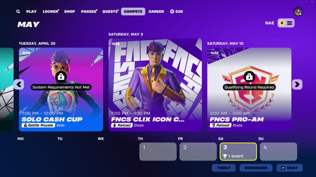 The Clix Icon Cup in the Fortnite 'Compete' tab (Image via Epic Games)