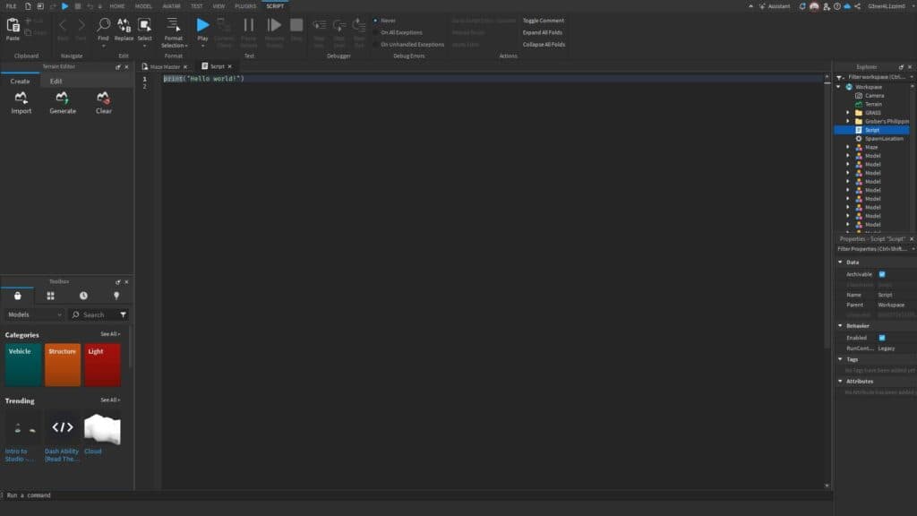 Adding a script to a Roblox game. (Screenshot via esports.gg)