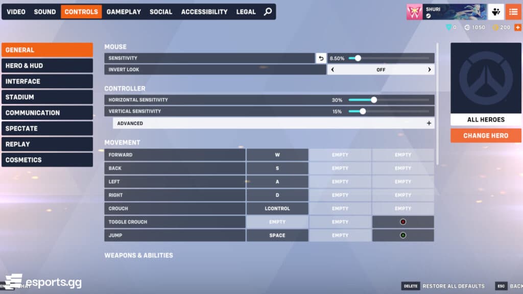 In the Controls menu, you can find the Stadium mode configurations (Screenshot by esports.gg)