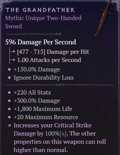 The Grandfather (Image via <a href="https://www.wowhead.com/diablo-4/item/the-grandfather-223271" target="_blank" rel="noreferrer noopener">Wowhead</a>)