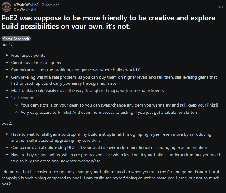 Creativity problems in PoE2 (Image via <a href="https://www.reddit.com/r/PathOfExile2/comments/1jslbxy/poe2_was_suppose_to_be_more_friendly_to_be/" target="_blank" rel="noreferrer noopener">Reddit</a> u/CanWeak2700)