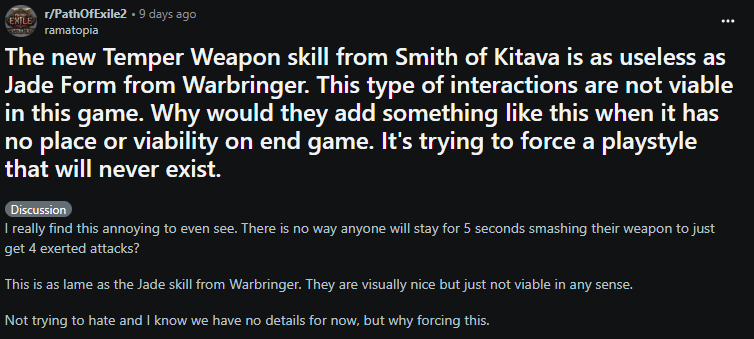 Smith of Kitava Temper Weapon (Image via <a href="https://www.reddit.com/r/PathOfExile2/comments/1jn09ad/the_new_temper_weapon_skill_from_smith_of_kitava/">Reddit</a> u/ramatopia)