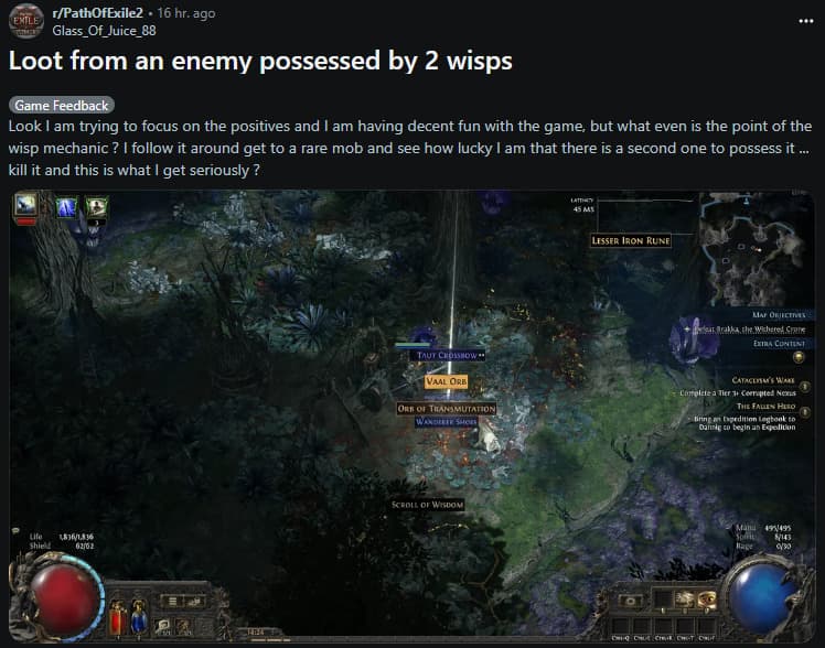 Azmerian Wisps loot (Image via <a href="https://www.reddit.com/r/PathOfExile2/comments/1jtk095/loot_from_an_enemy_possessed_by_2_wisps/">Reddit</a> u/Glass_Of_Juice_88)