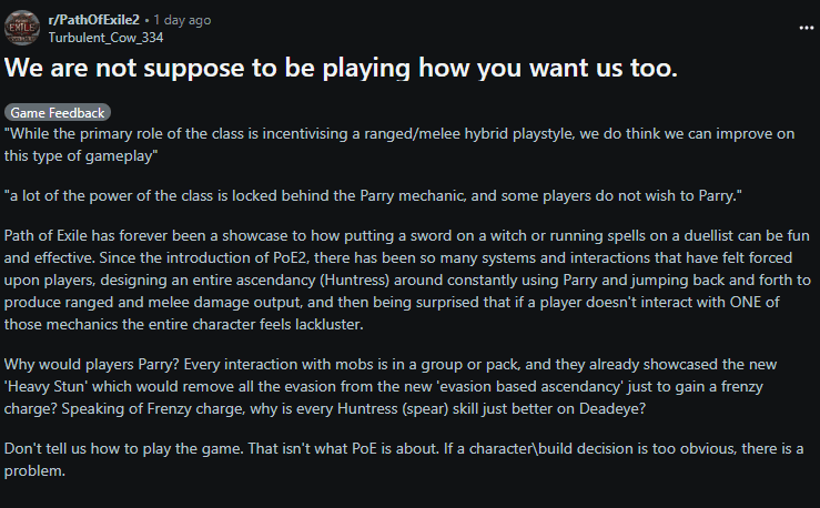 Huntress Parry (Image via <a href="https://www.reddit.com/r/PathOfExile2/comments/1jtcsh9/we_are_not_suppose_to_be_playing_how_you_want_us/">Reddit</a> u/Turbulent_Cow_334)