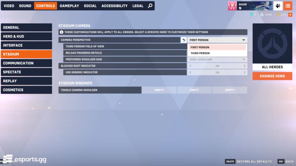 You can change the Camera Perspective in your Settings menu (Screenshot by esports.gg)