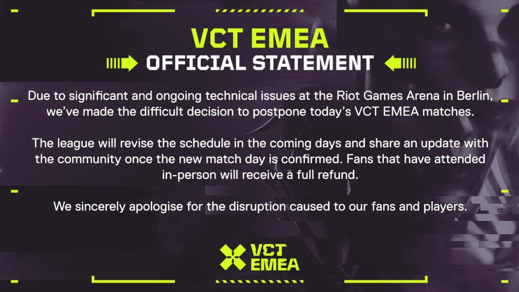 VCT EMEA official statement on the ongoing technical issues (Image by VCT EMEA)