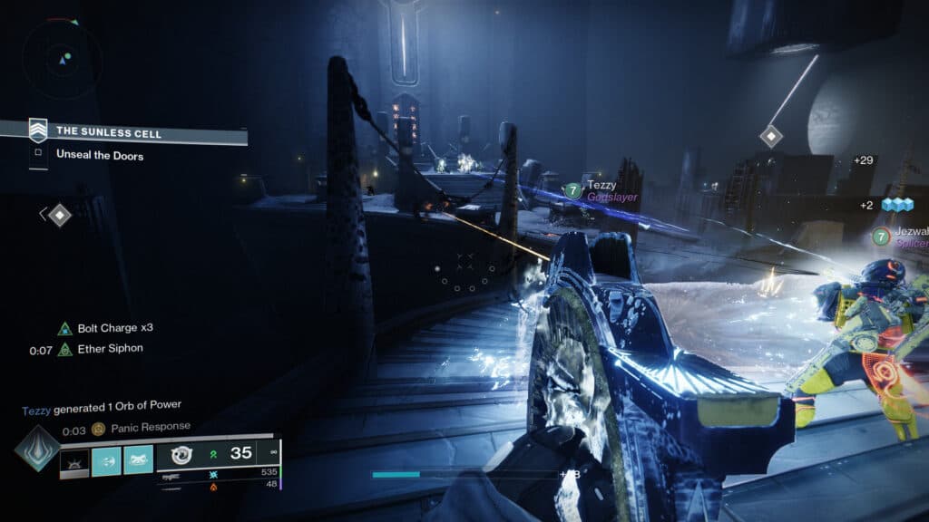 At the bottom of the staircase, look down to your left and pull out your Ghost. (Screenshot by esports.gg)