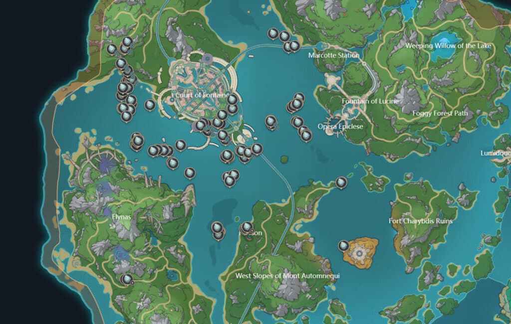 Beryl Conch locations (Screenshot via esports.gg, Teyvat Interactive Map)