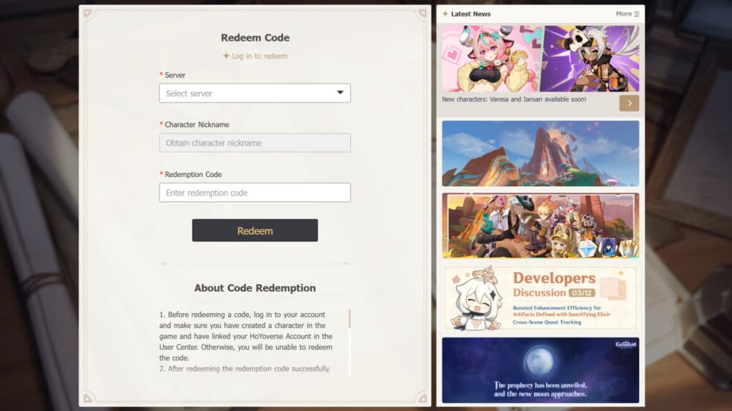 How to redeem codes in the HoYoverse official page (Screenshot by esports.gg)