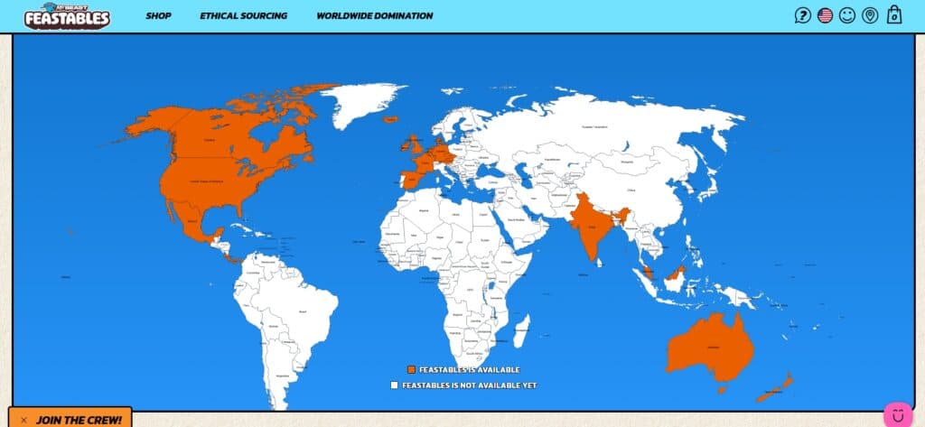 Feastables availability around the globe (via <a href="https://feastables.com/pages/across-the-globe" target="_blank" rel="noreferrer noopener">Feastables.com</a>)