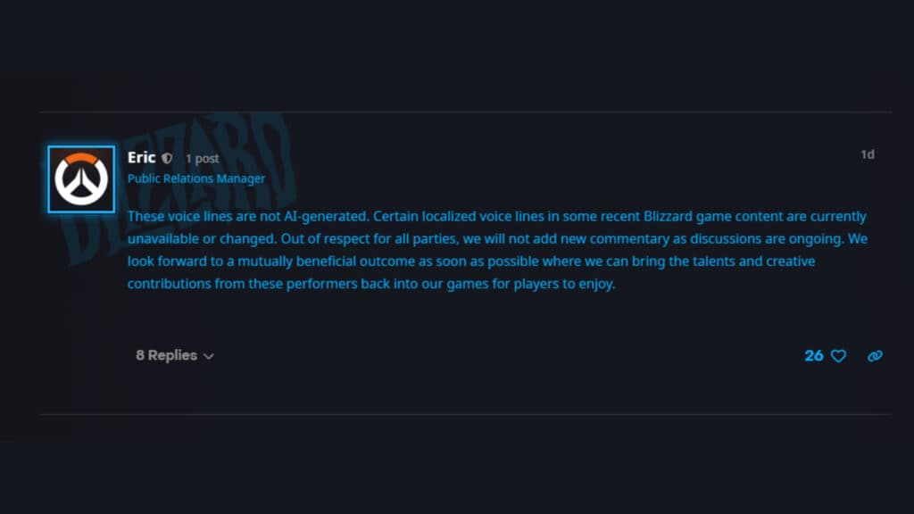 Blizzard answers on the Mercy German AI voice lines controversy (Screenshot by esports.gg)
