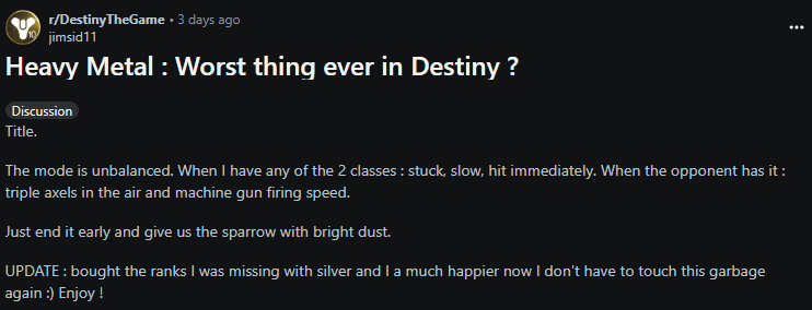 (Image via <a href="https://www.reddit.com/r/DestinyTheGame/comments/1kjfe1z/heavy_metal_worst_thing_ever_in_destiny/">Reddit</a><a href="https://www.reddit.com/r/DestinyTheGame/comments/1kjfe1z/heavy_metal_worst_thing_ever_in_destiny/" target="_blank" rel="noreferrer noopener">https://www.reddit.com/r/DestinyTheGame/comments/1kjfe1z/heavy_metal_worst_thing_ever_in_destiny/</a>)