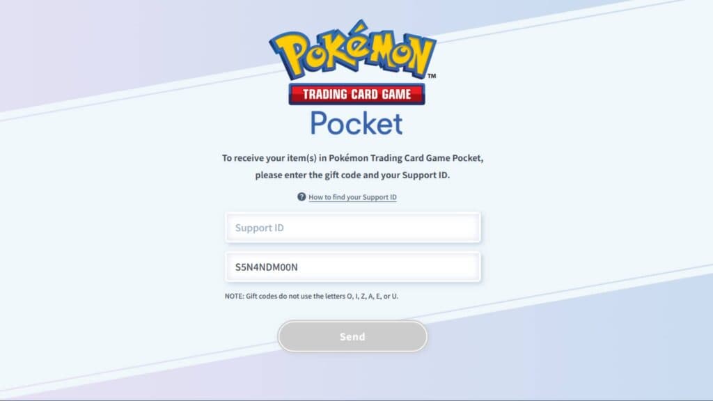 Pokémon TCG Pocket's gift code page. (Screenshot via esports.gg)