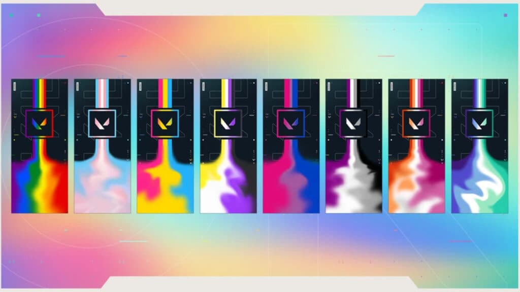 All of the Pride Month player cards in VALORANT (Image via Riot Games)