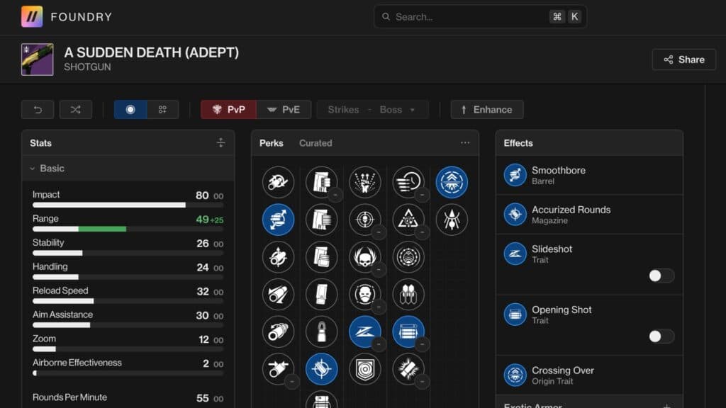 A Sudden Death is still one of the best Aggressive Frame shotguns for PvP (Screenshot via esports.gg | Image via d2foundry)