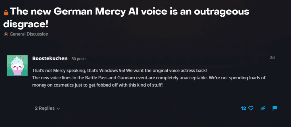 Original post claiming the new Mercy German voice lines were AI-generated (Screenshot by esports.gg)