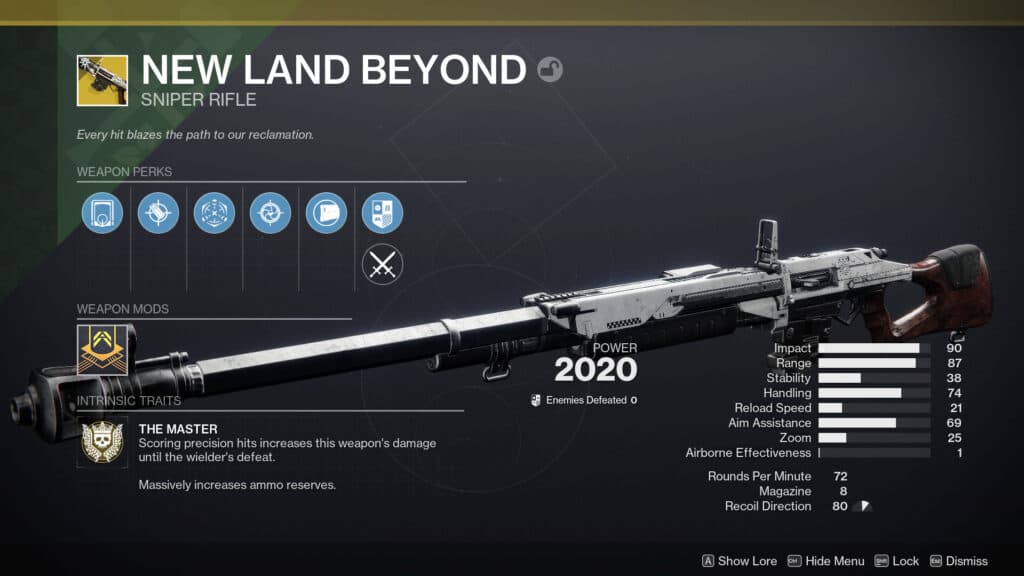 The Master is the intrinsic exotic perk for New Land Beyond. (Screenshot by esports.gg)