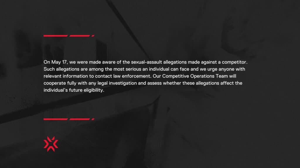 Post acknowledging the SA allegations (Image via @VALORANTEsports | X)