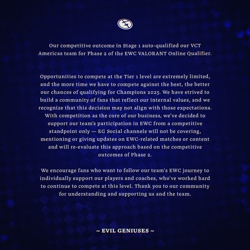 EG won't be broadcasting or promoting anything EWC-related as its team pursues the opportunity. (Image via Evil Geniuses)