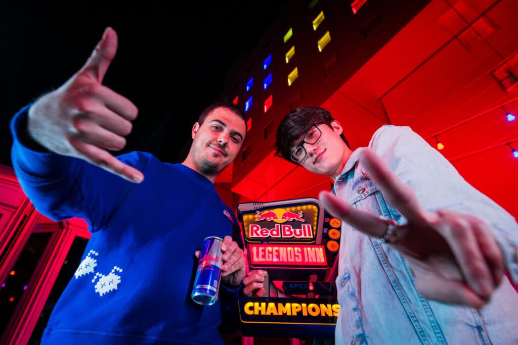 iiTzTimmy and ImperialHal pose with the Red Bull Legends Inn trophy at the Godfrey Hotel in Chicago, Illinois on November 7, 2024. // Todd Gutierrez / Red Bull Content Pool //