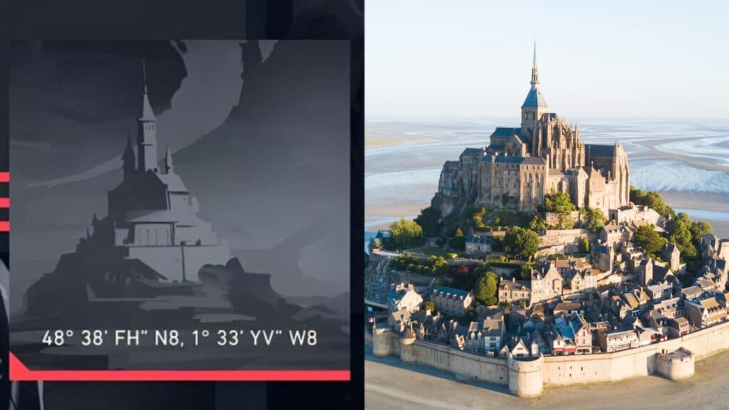 VALORANT map coordinates and Mont-Saint-Michel (Image by Riot Games and Explore France)