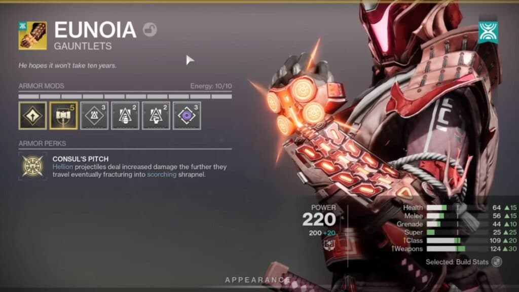 The Eunoia exotic armor boosts Hellion's damage. (Image via YouTube/Datto)