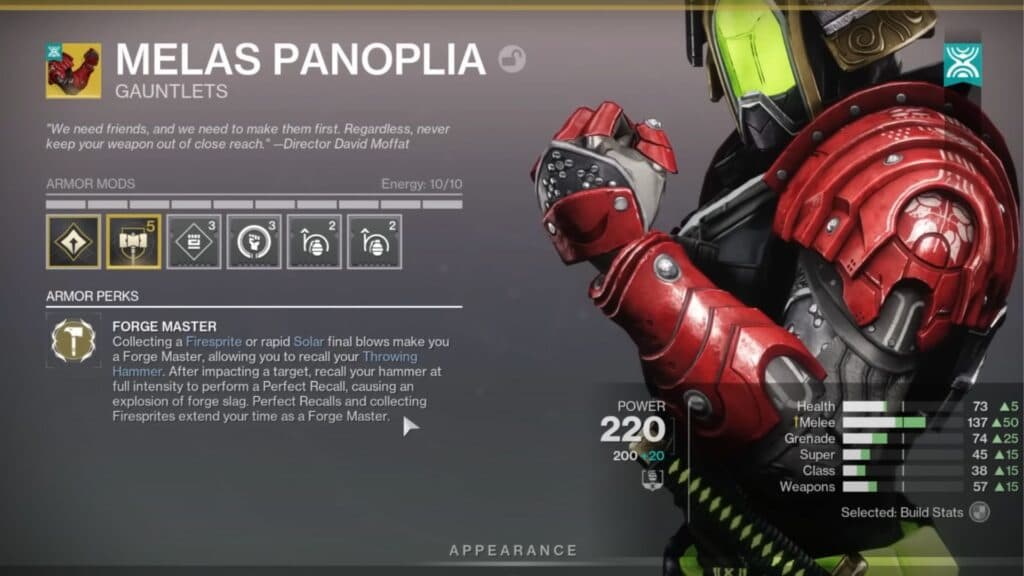 The Melas Panoplia exotic armor allows you to recall Throwing Hammer. (Image via YouTube/Datto)