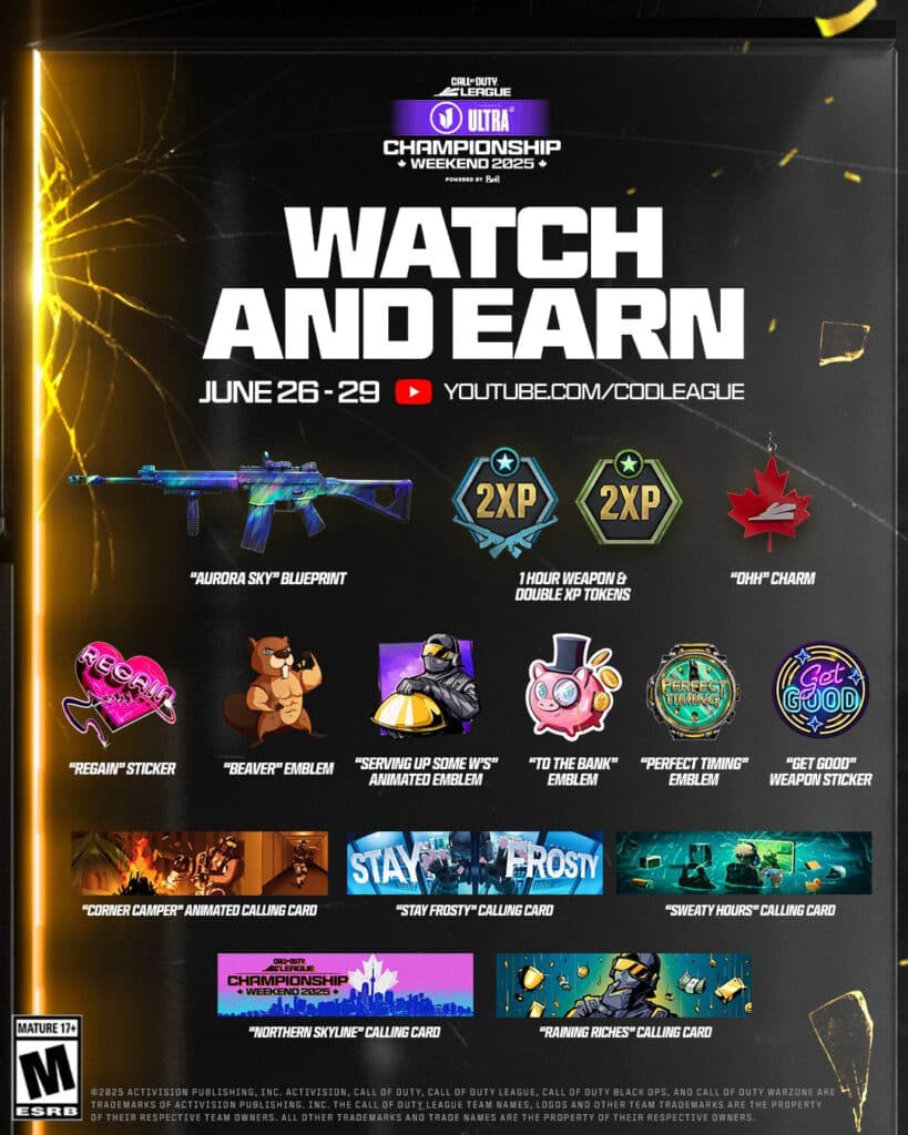 All of the YouTube viewership rewards for COd Champs. Image via Activision