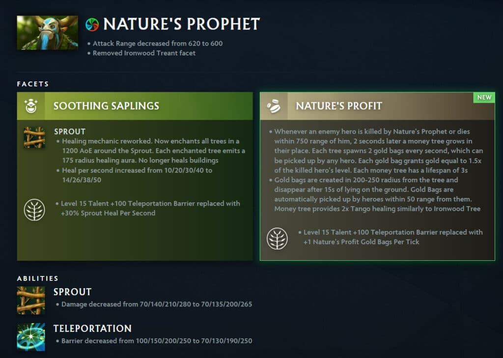 Nature's Prophet changes (Image via <a href="https://www.dota2.com/patches/7.39" target="_blank" rel="noreferrer noopener">Dota 2</a>)
