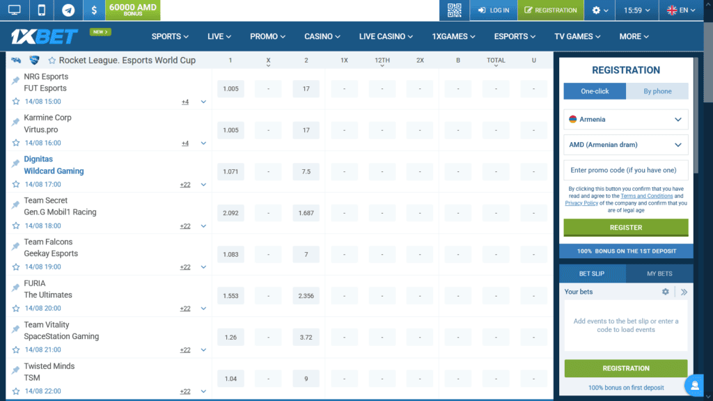 1xBet Rocket League Esports World Cup 2025 betting (screenshot by esports.gg)