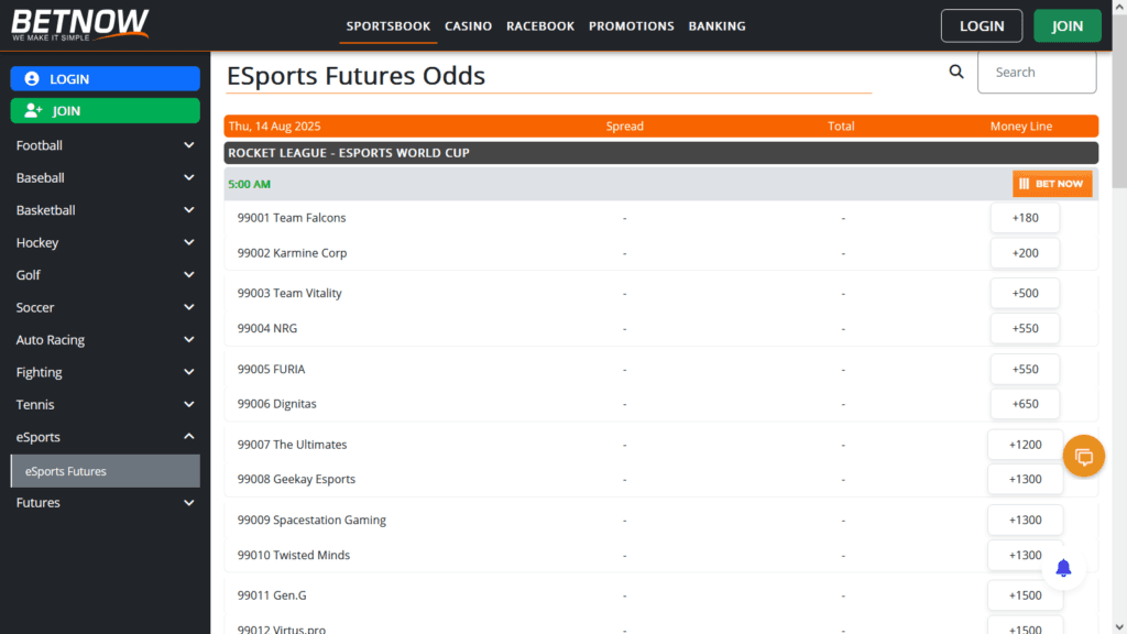 BetNow Rocket League Esports World Cup 2025 betting (screenshot by esports.gg)