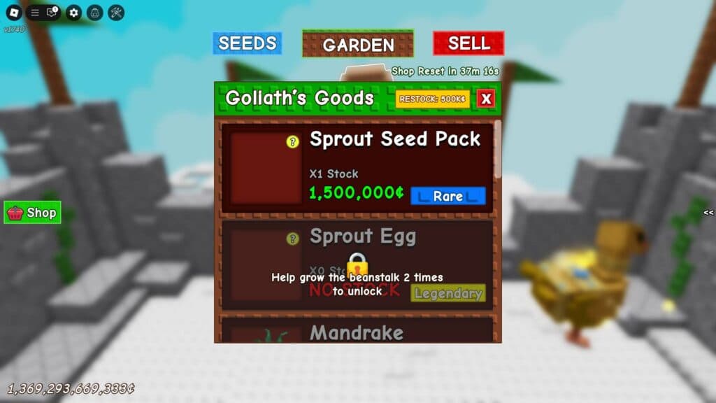 Grow the beanstalk several times to unlock more items at Goliath's Goods (Screenshot via esports.gg)