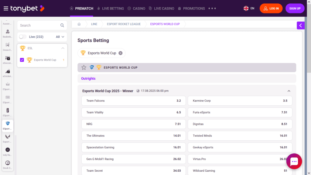 Rocket League Esports World Cup 2025 betting on TonyBet (screenshot by esports.gg)