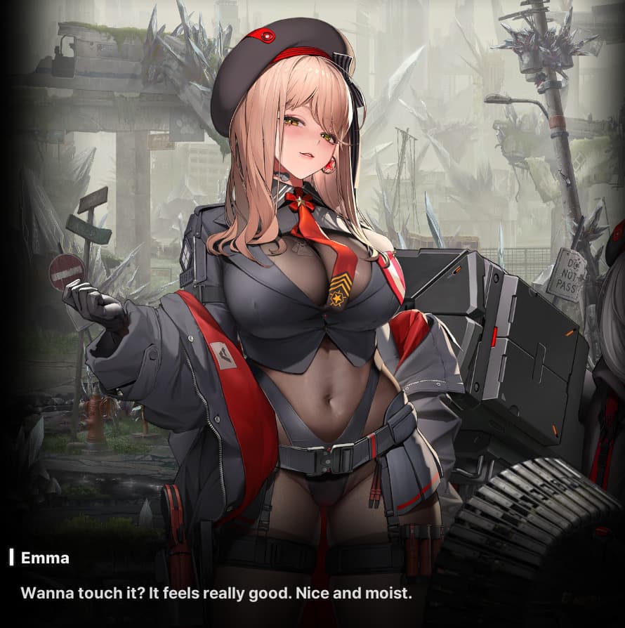 Tactical Upgrade Emma delivers an iconic line from the main NIKKE story