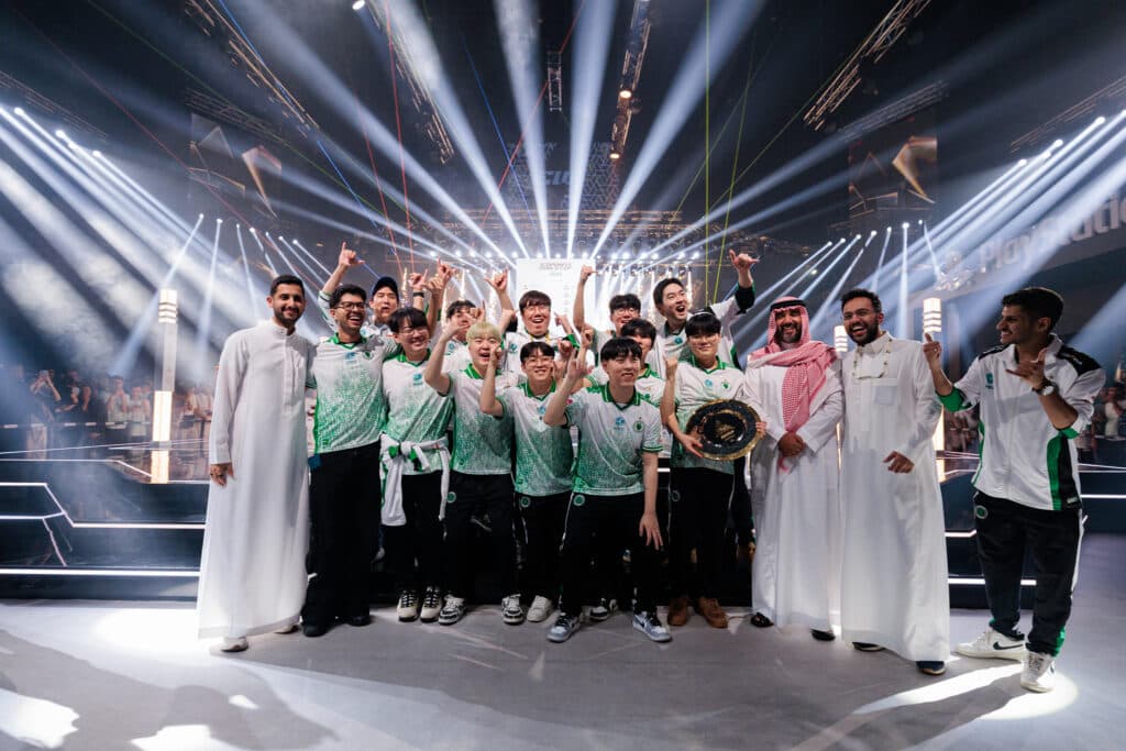 Team Falcons Overwatch 2 Esports World Cup 2025 trophy in Riyadh, Saudi Arabia (via Esports World Cup)