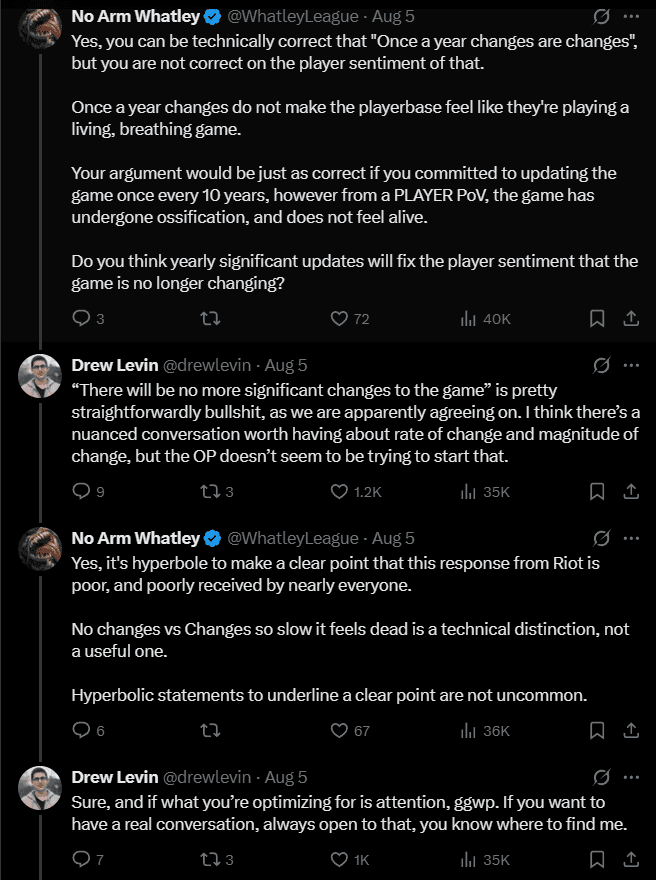 A snippet of Riot just a capybara and Whatley's conversation on pushing big changes to League of Legends (Screenshot via esports.gg)